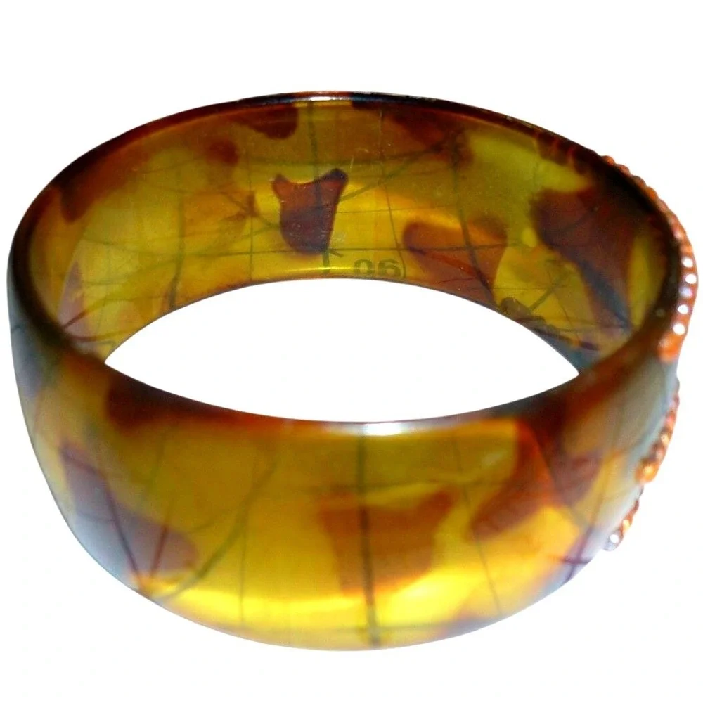 Vintage Brown Acrylic Lucite Chunky Bangle Bracelet‎ Beaded Studded Detail Brown